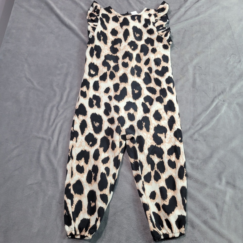 SHEIN Kids Girls Leopard Print Ruffle Sleeve Jumpsuit‎ Tan Black Size 2-3Y